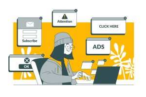 User interacting with retargeting ads, pop-ups, and notifications on a laptop