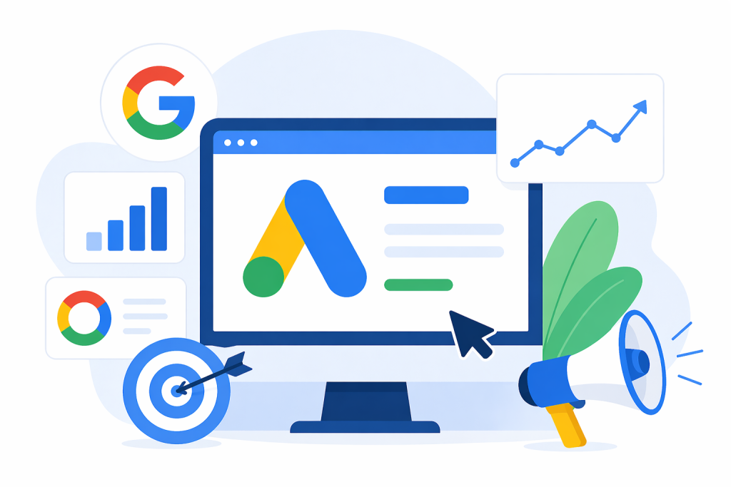 Google Ads illustration showing search advertising targeting keywords analytics dashboard and paid campaign performance