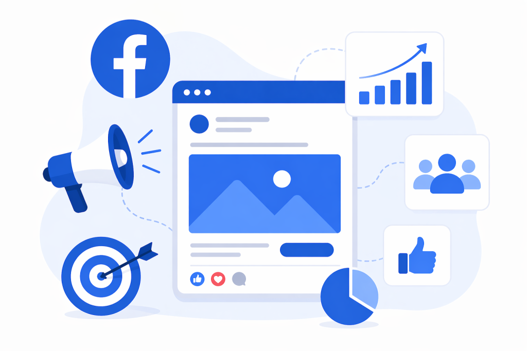 Facebook Ads marketing concept with audience targeting engagement and performance analytics visuals