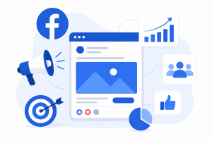 Facebook Ads marketing concept with audience targeting engagement and performance analytics visuals
