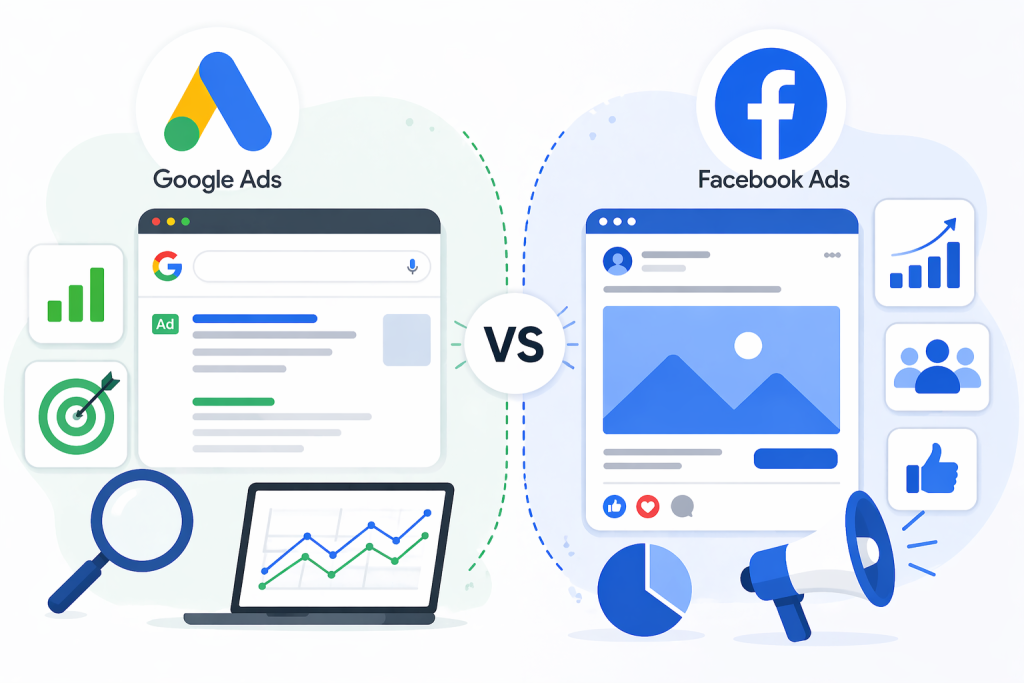 Google Ads and Facebook Ads comparison infographic with marketing icons and analytics charts