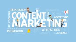 Digital content marketing ecosystem illustration with performance analytics, audience targeting, and multi-platform engagement tools
