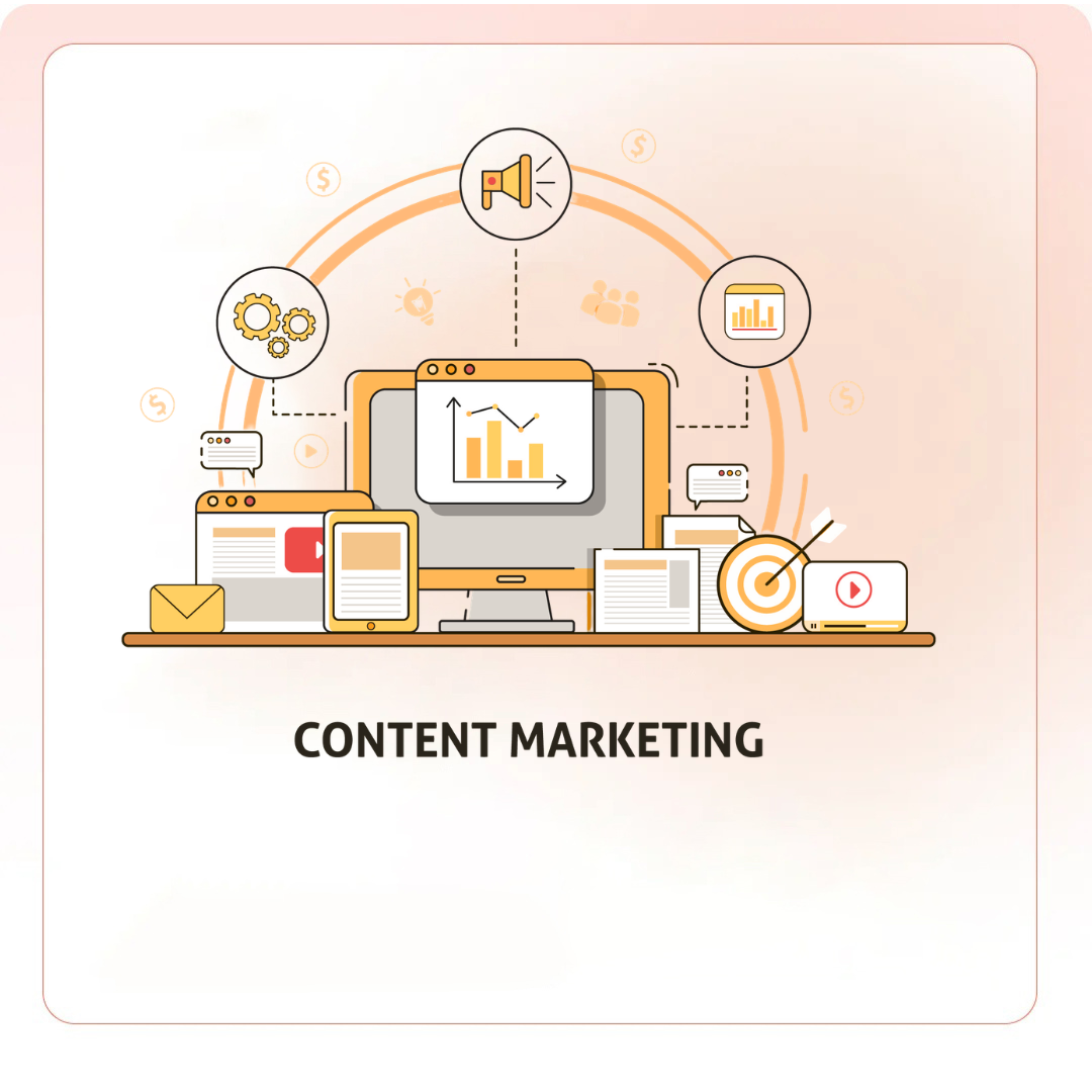 Content marketing strategy illustration showing analytics dashboard, SEO tools, and digital platforms for business growth