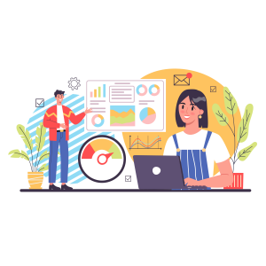 Digital marketing analytics dashboard with charts, performance meter, and team reviewing website data