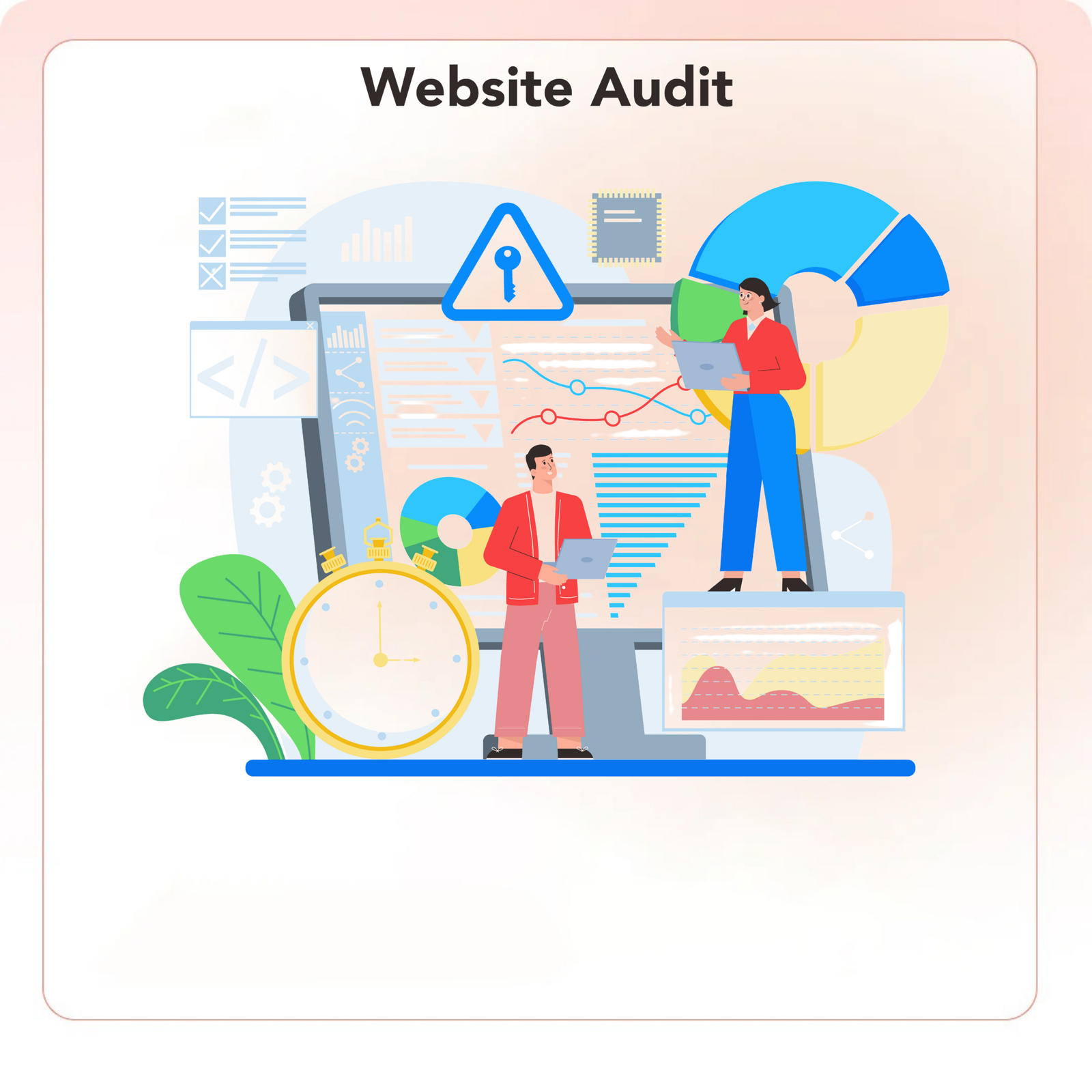 Website audit concept showing analytics dashboard, security check, charts, and team reviewing performance data