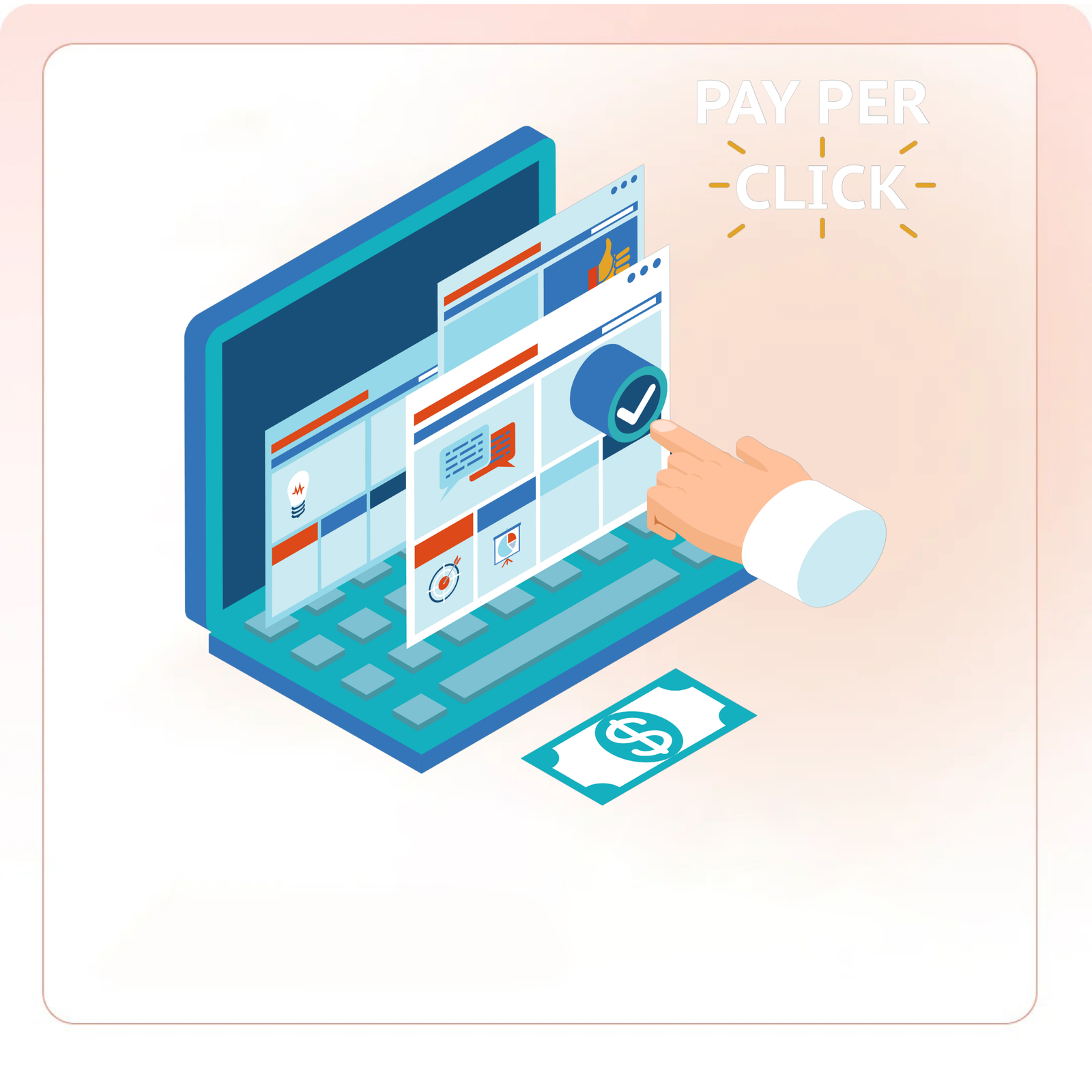 Pay per click, infographics illustration. Touch your finger to the screen of a laptop
