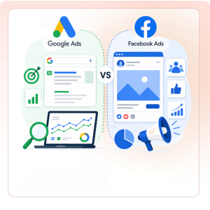 Google Ads vs Facebook Ads comparison vector illustration showing search ads analytics and social media marketing elements in a split layout