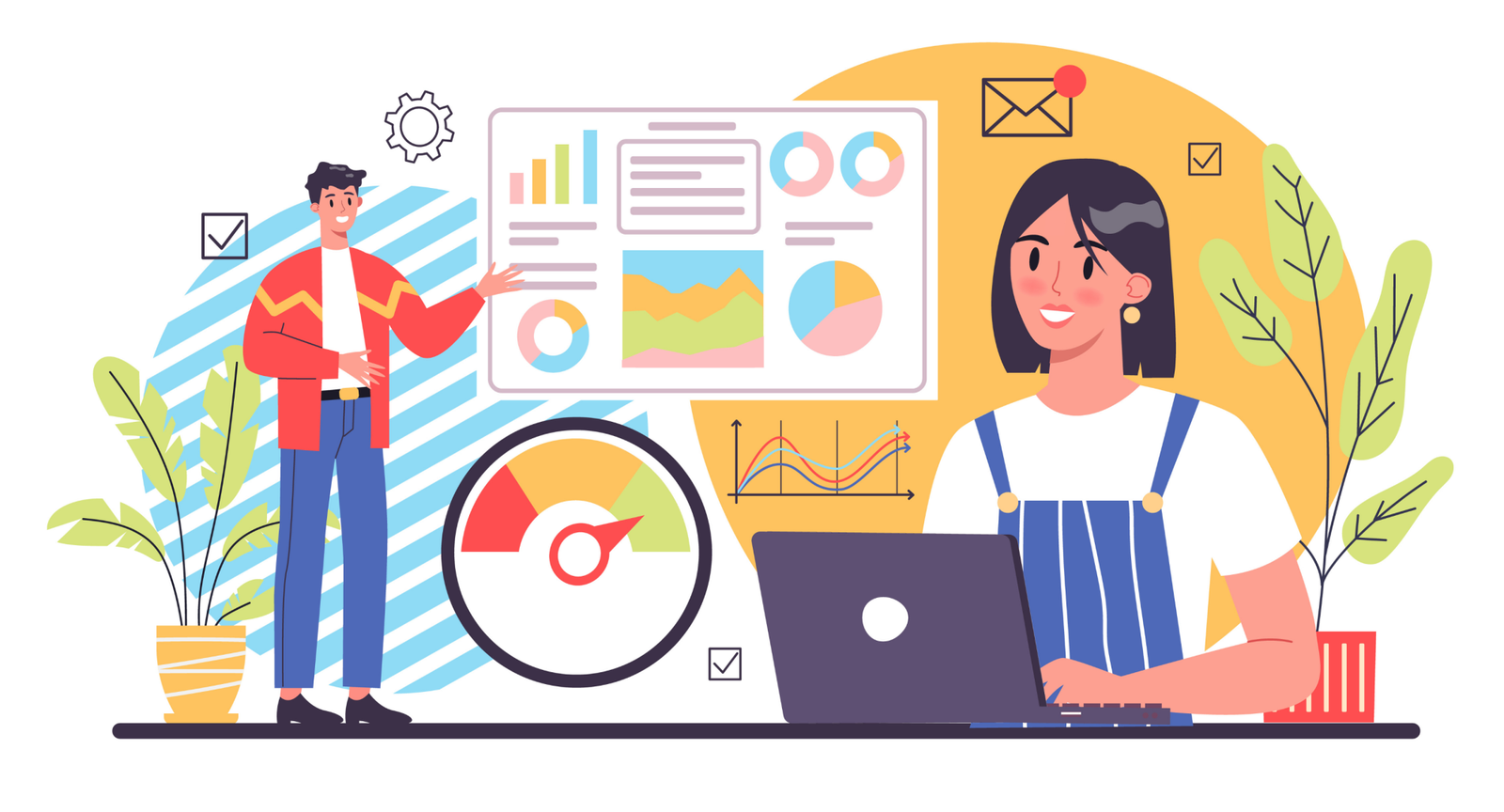 Digital marketing analytics dashboard with charts, performance meter, and team reviewing website data